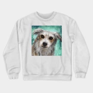 Painting of a Cute Hairy Dog, Looking Directly at You, Turquoise Background Crewneck Sweatshirt